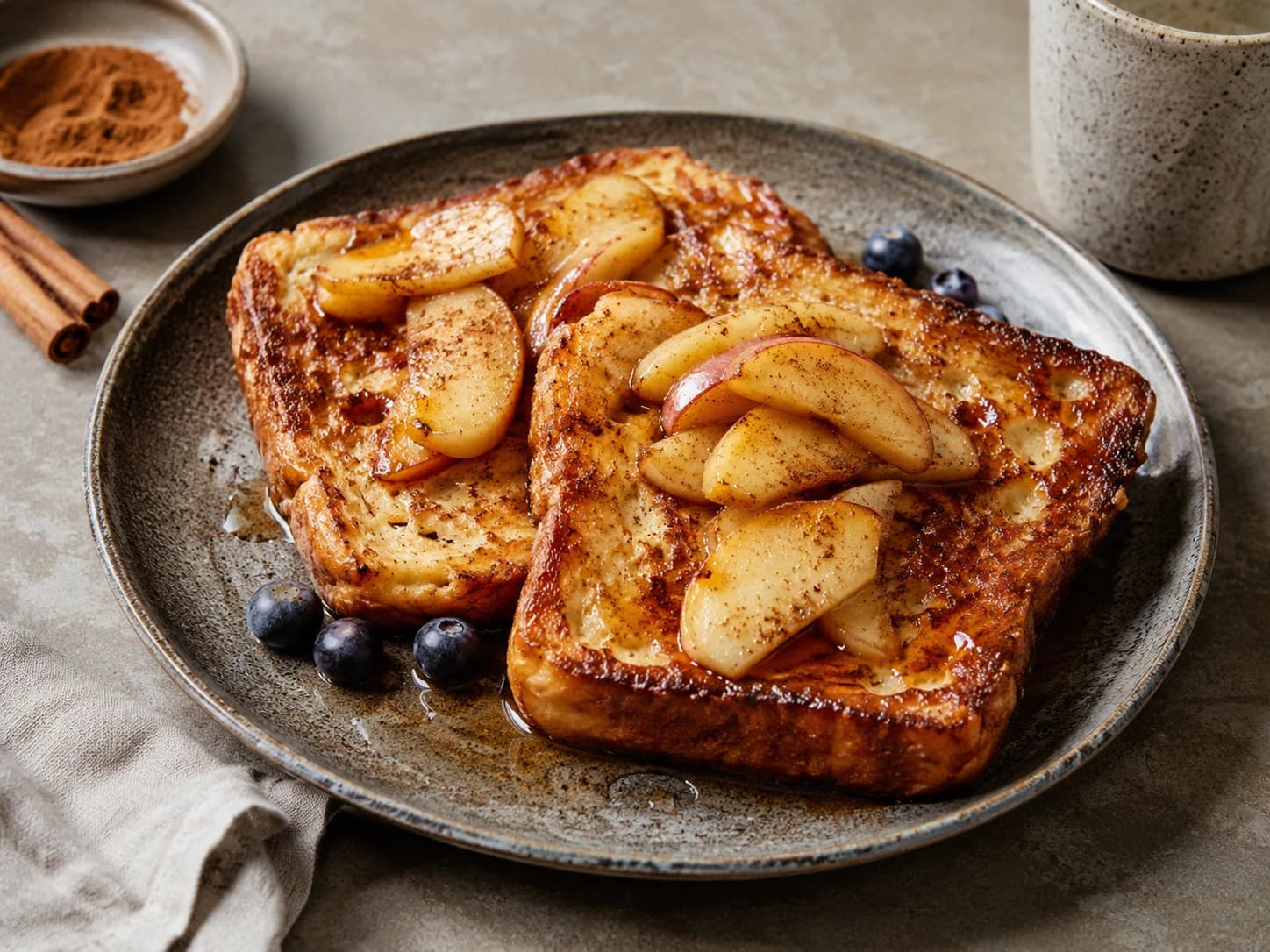 Cinnamon apple French toast topped with warm apples