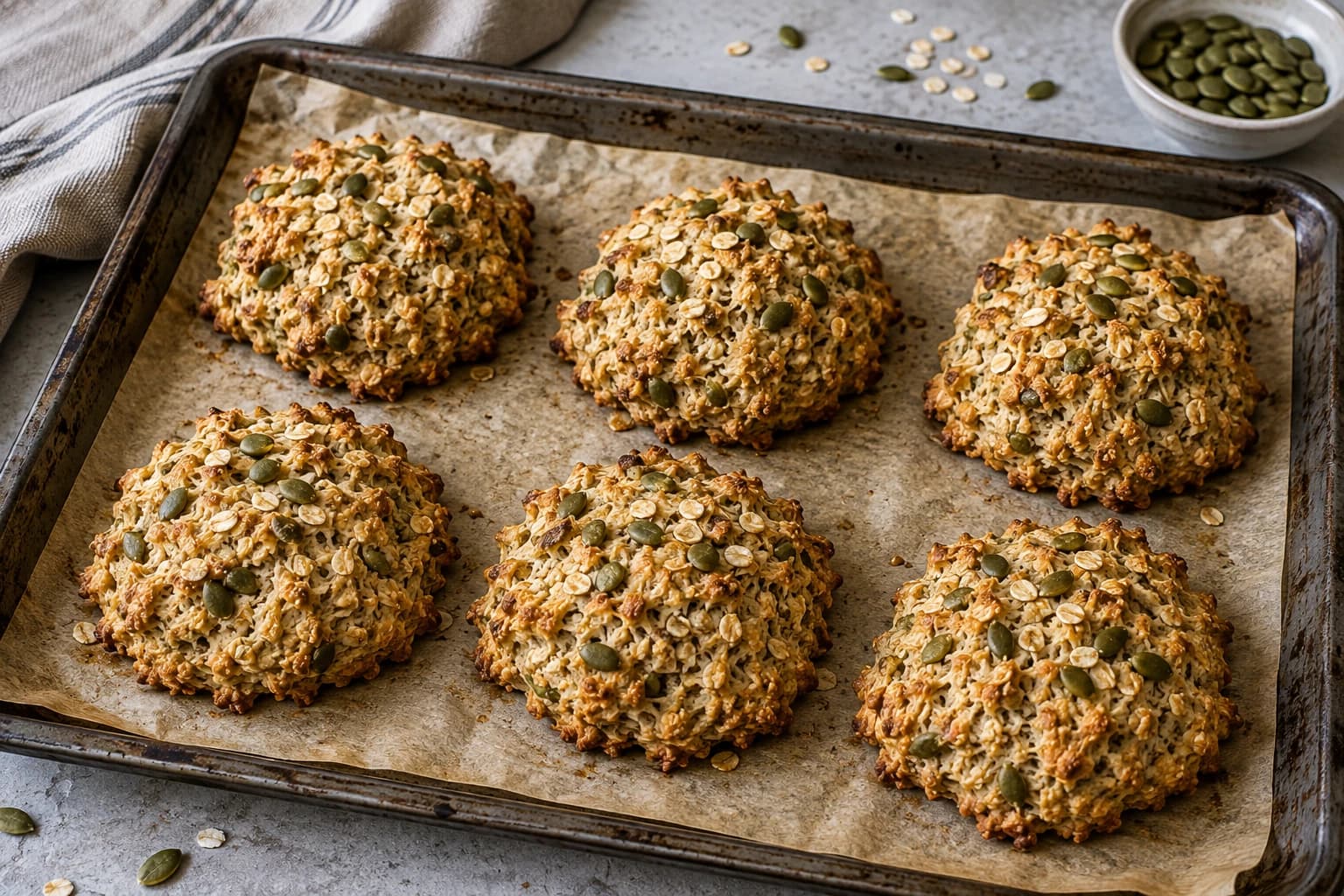 Freshly baked seeded gluten-free oat buns with cottage cheese and eggs