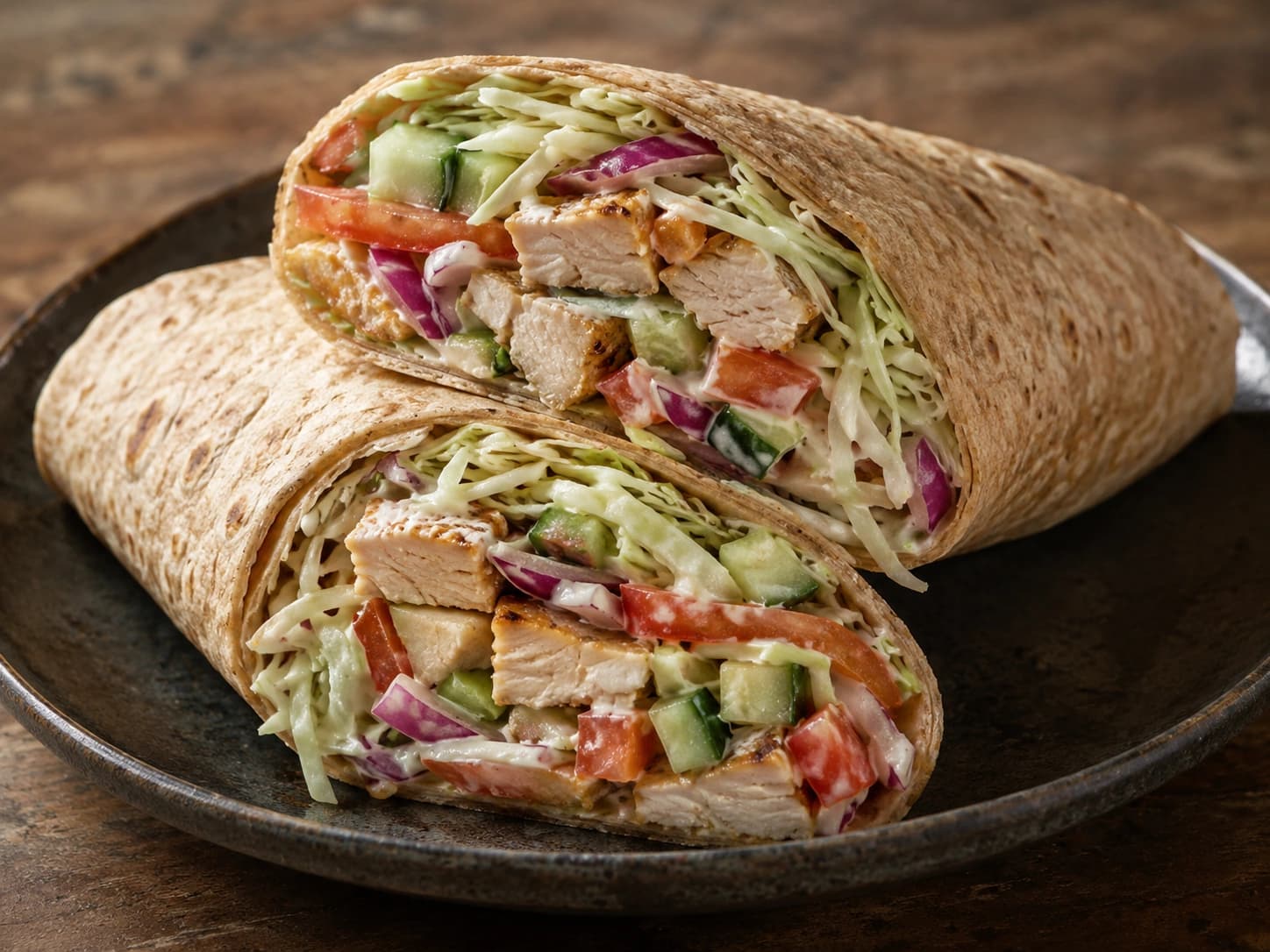 Wholegrain chicken wrap filled with crunchy vegetables and garlic-yogurt dressing