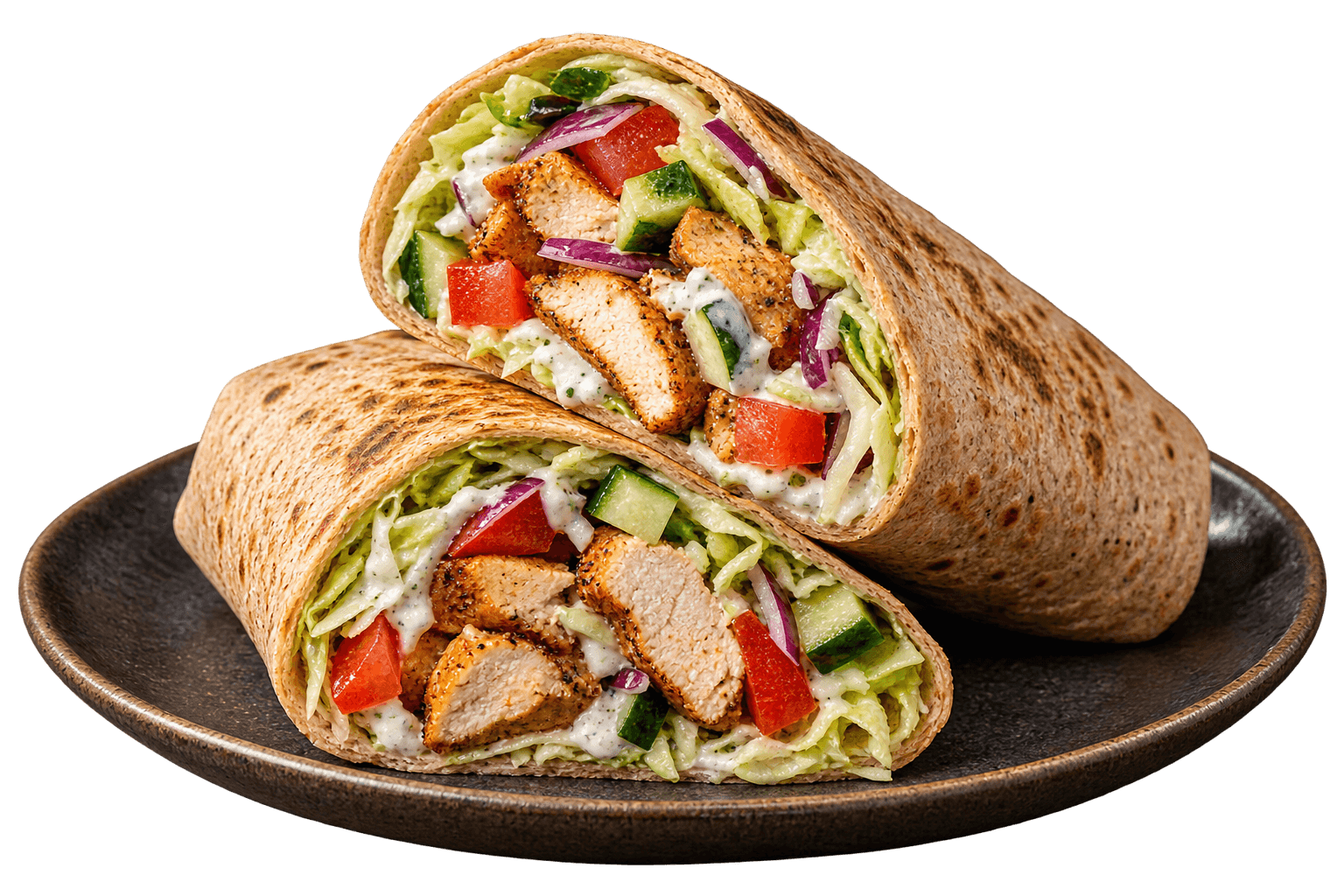 Wholegrain chicken wrap filled with crunchy vegetables and garlic-yogurt dressing