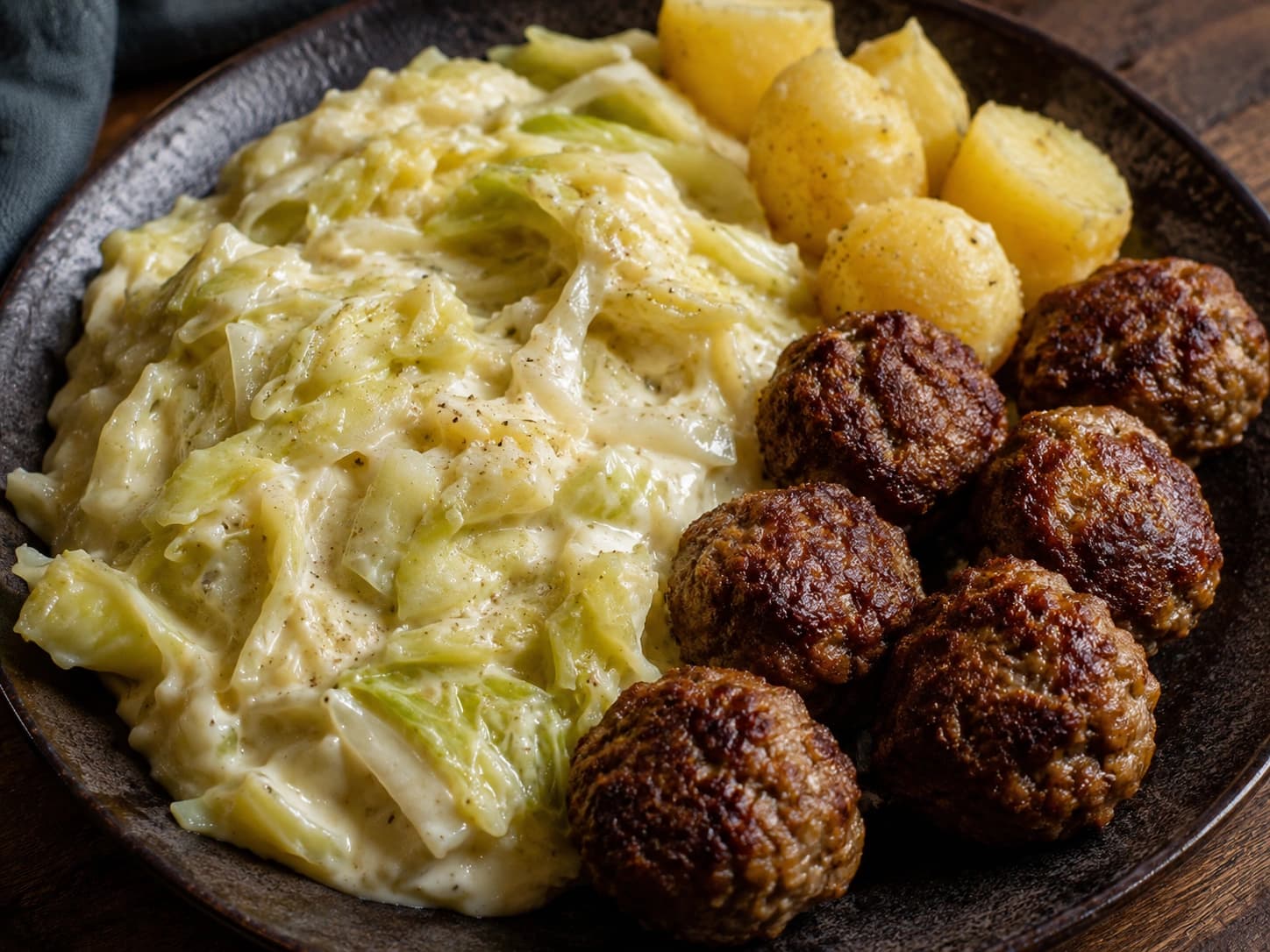 Nordic meatballs served with creamed pointed cabbage and potatoes