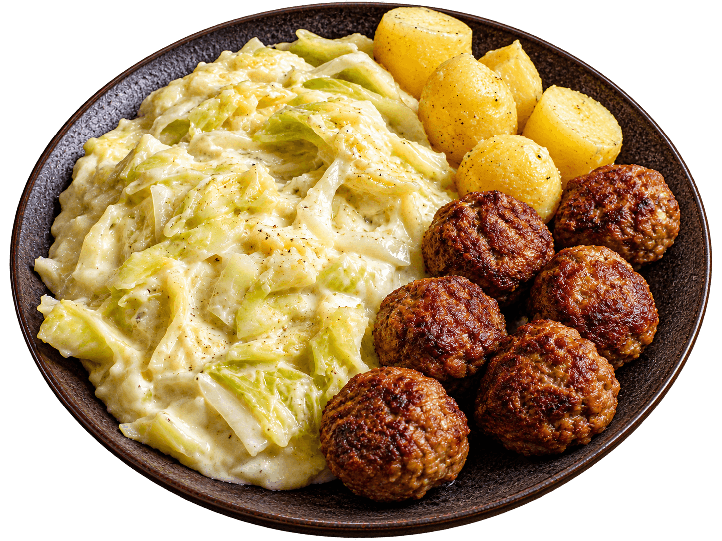 Nordic meatballs served with creamed pointed cabbage and potatoes