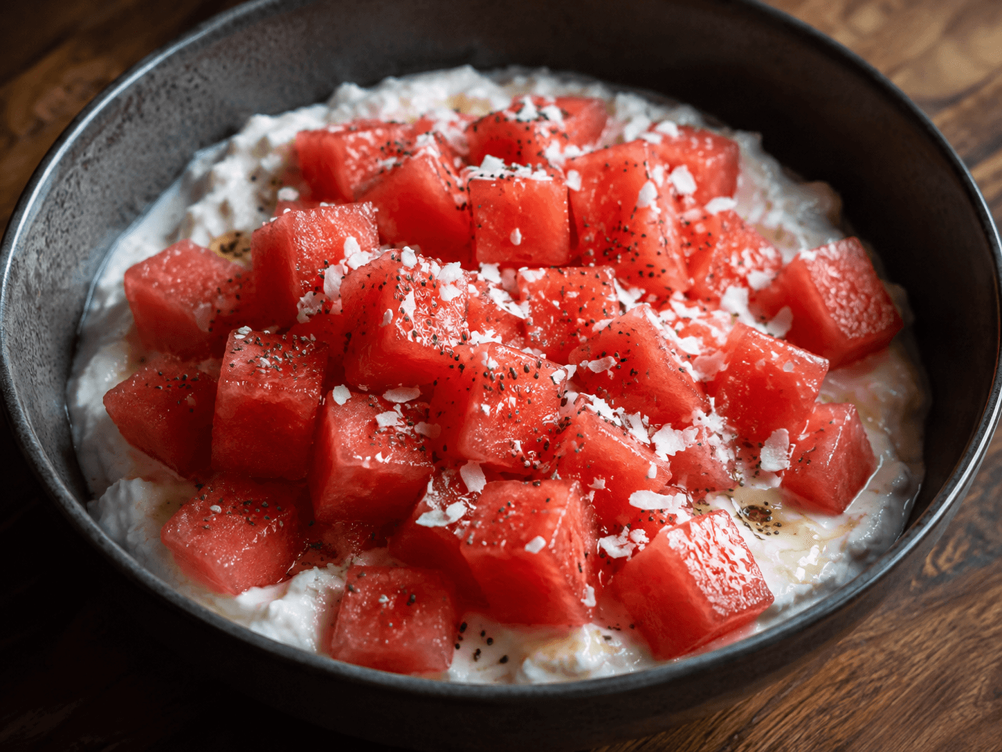 Greek yogurt bowl topped generously with cubed watermelon and Sukrin syrup