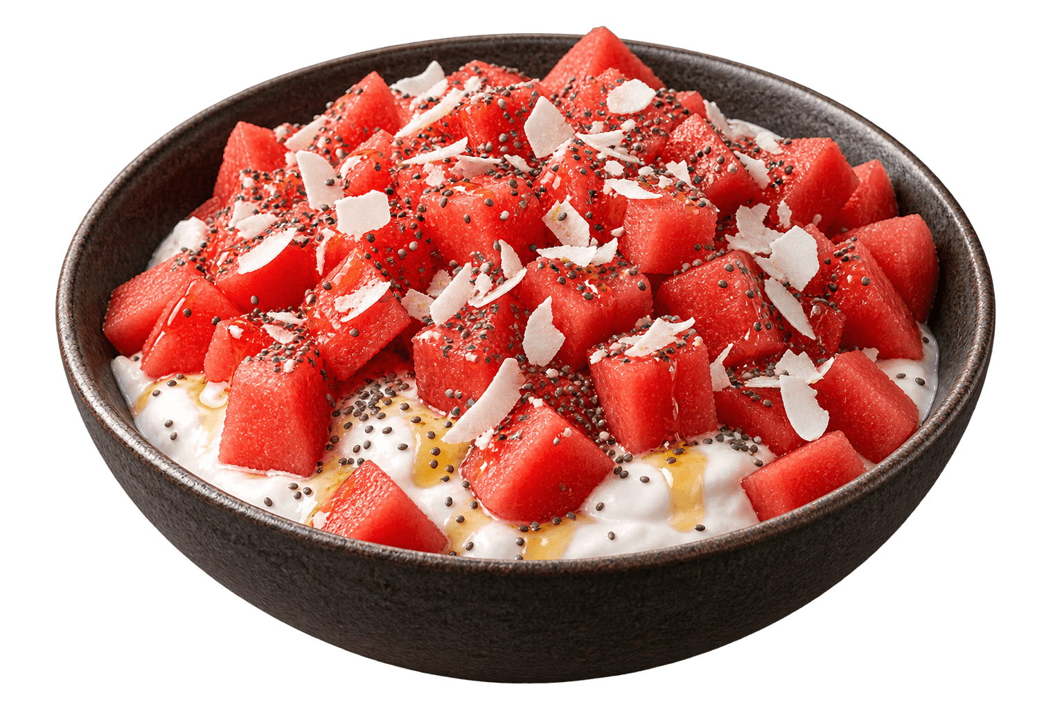 Greek yogurt bowl topped generously with cubed watermelon and Sukrin syrup